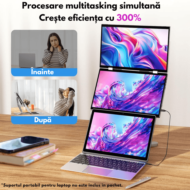 PC, gaming si accesorii - Desktop PC & monitoare - Monitoare - Monitor Dual cu Touchscreen, Pliabil si Portabil de 15.6 inch FHD pentru laptop, Qova®, Extender ecran 1080p, 360° - Infinity.ro