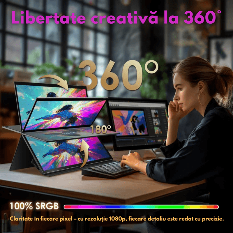 PC, gaming si accesorii - Desktop PC & monitoare - Monitoare - Monitor Dual cu Touchscreen, Pliabil si Portabil de 15.6 inch FHD pentru laptop, Qova®, Extender ecran 1080p, 360° - Infinity.ro