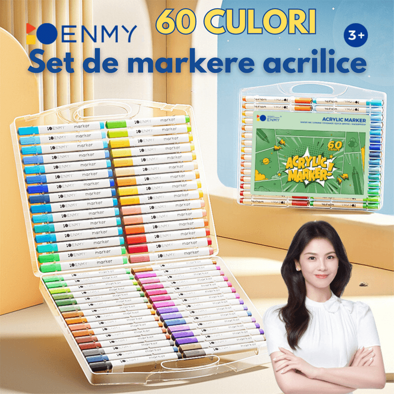 Carti si Birotica - Birotica - Instrumente de scris - Creioane - Set 60 de carioci profesionale Acrilice, cu cerneala pe baza de apa, Qova®, Markere multicolore pentru desen, Culori - Infinity.ro