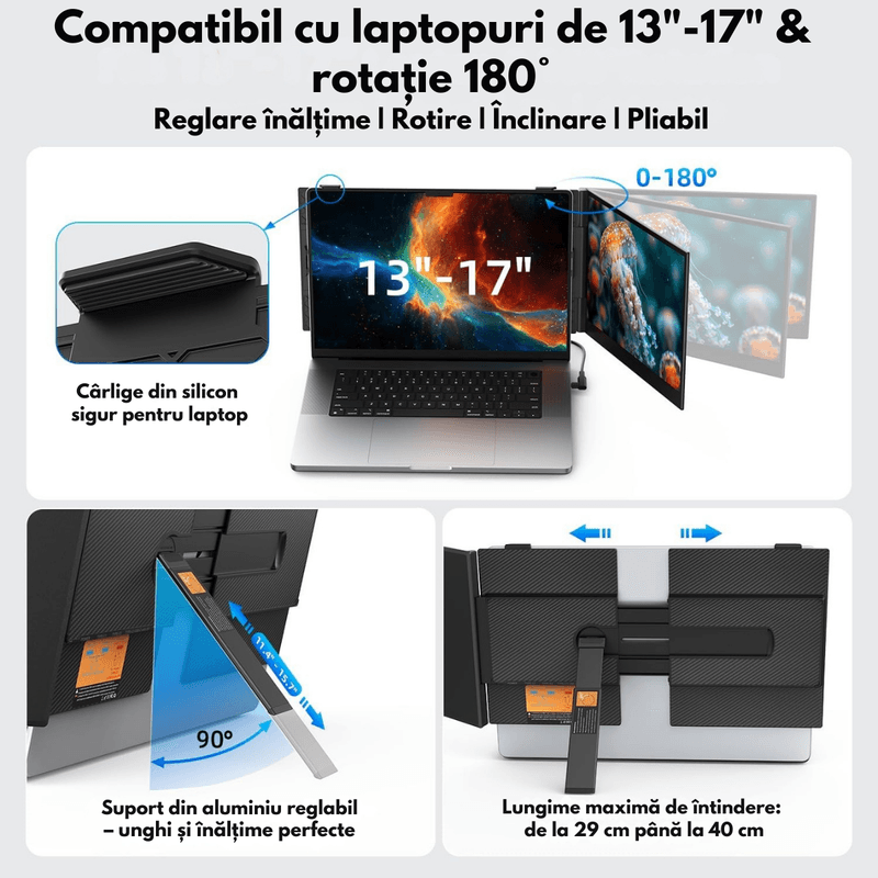 PC, gaming si accesorii - Desktop PC & monitoare - Monitoare - Monitor Portabil dual Extensibil de 14.2 inch, Qova®, Ecran IPS, Full HD 1080p, 300 Nits, 60Hz, Contrast 1.000:1 - Infinity.ro