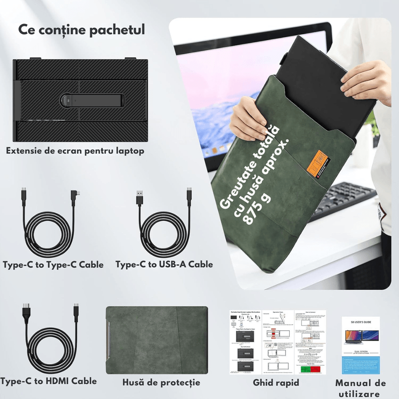 PC, gaming si accesorii - Desktop PC & monitoare - Monitoare - Monitor Portabil dual Extensibil de 14.2 inch, Qova®, Ecran IPS, Full HD 1080p, 300 Nits, 60Hz, Contrast 1.000:1 - Infinity.ro