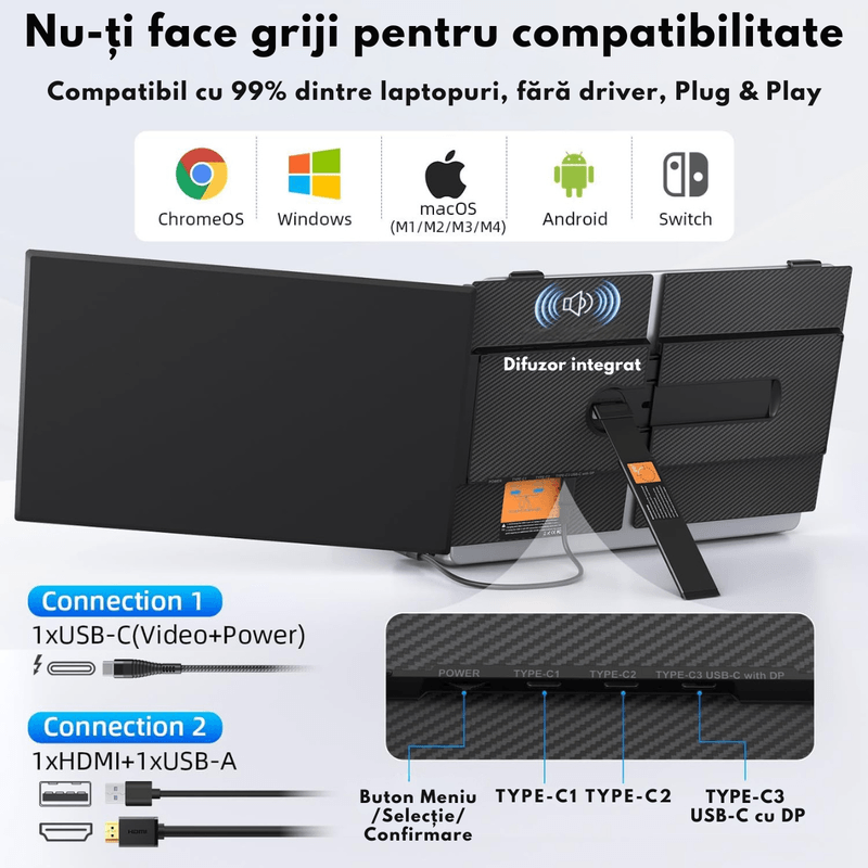 PC, gaming si accesorii - Desktop PC & monitoare - Monitoare - Monitor Portabil dual Extensibil de 14.2 inch, Qova®, Ecran IPS, Full HD 1080p, 300 Nits, 60Hz, Contrast 1.000:1 - Infinity.ro