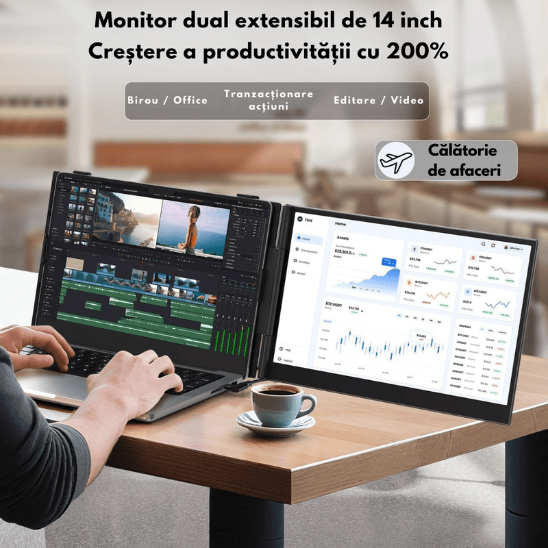 PC, gaming si accesorii - Desktop PC & monitoare - Monitoare - Monitor Portabil dual Extensibil de 14.2 inch, Qova®, Ecran IPS, Full HD 1080p, 300 Nits, 60Hz, Contrast 1.000:1 - Infinity.ro