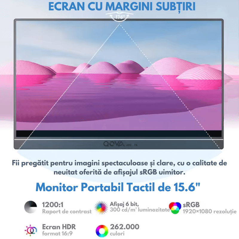 PC, gaming si accesorii - Desktop PC & monitoare - Monitoare - Monitor Portabil Tactil Arzopa & Qova® de 15.6" Full HD 1080p, 10 Puncte Touchscreen, USB-C/HDMI, HDR, Subtire 9.3mm - Infinity.ro