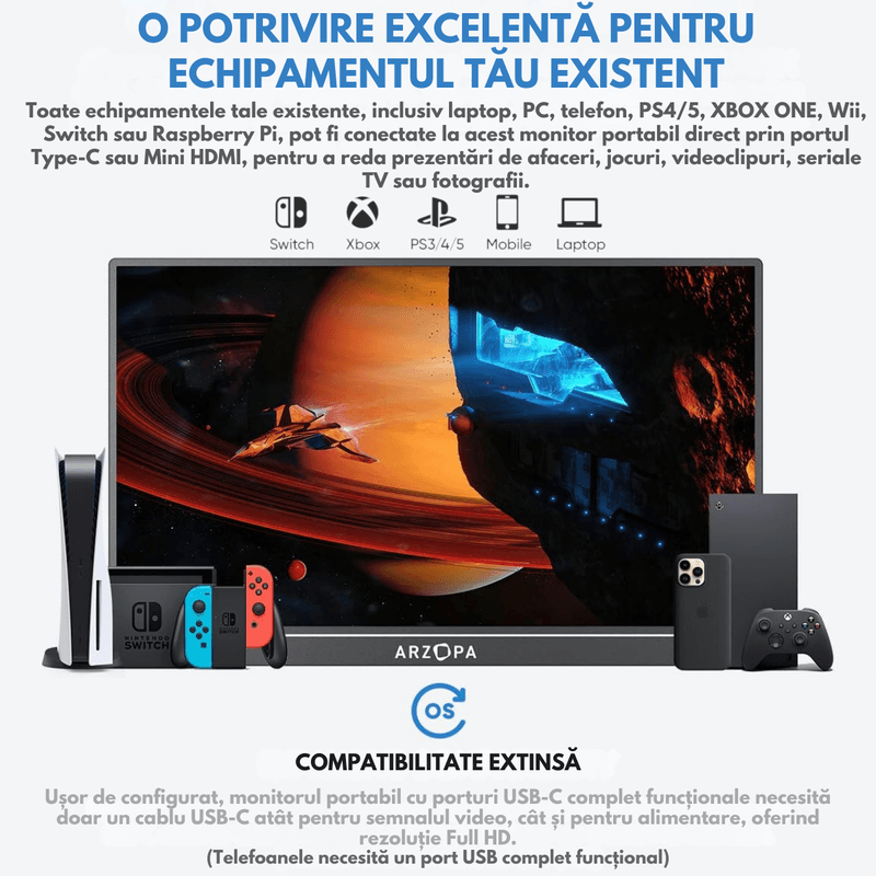 PC, gaming si accesorii - Desktop PC & monitoare - Monitoare - Monitor Portabil Arzopa & Qova® de 17.3" inch - FHD, 100% sRGB, HDR 1920x1080, USB-C & Mini HDMI – Ecran -Subtire, 60Hz - Infinity.ro