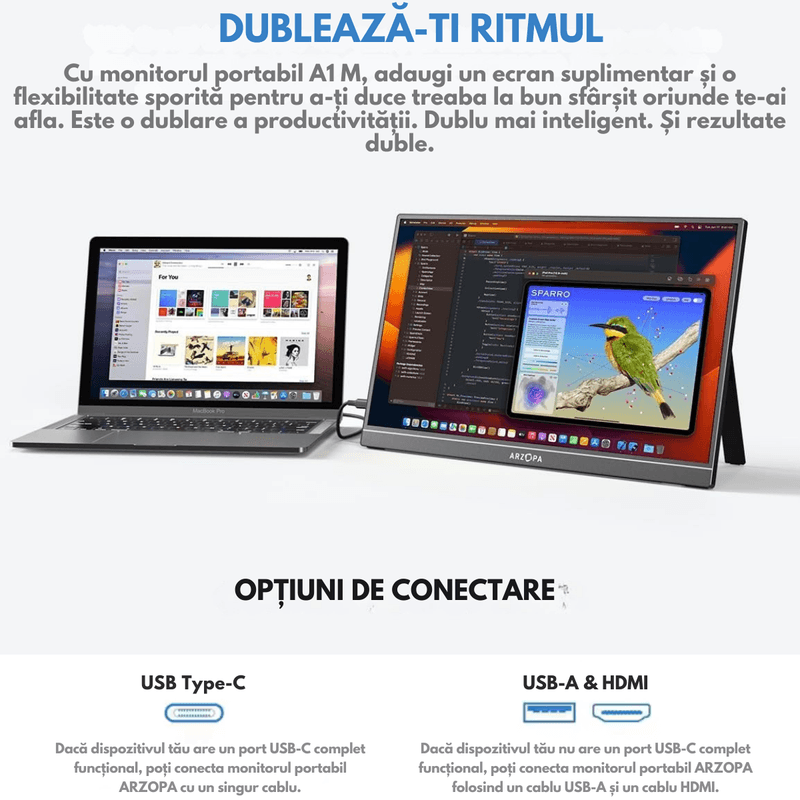 PC, gaming si accesorii - Desktop PC & monitoare - Monitoare - Monitor Portabil Arzopa & Qova® de 17.3" inch - FHD, 100% sRGB, HDR 1920x1080, USB-C & Mini HDMI – Ecran -Subtire, 60Hz - Infinity.ro