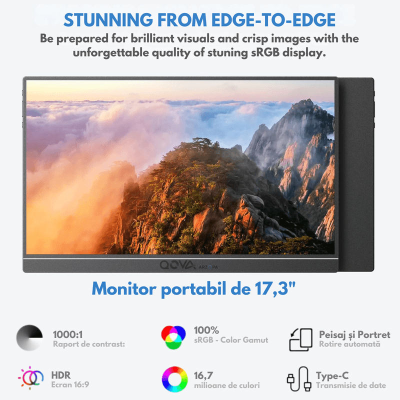 PC, gaming si accesorii - Desktop PC & monitoare - Monitoare - Monitor Portabil Arzopa & Qova® de 17.3" inch - FHD, 100% sRGB, HDR 1920x1080, USB-C & Mini HDMI – Ecran -Subtire, 60Hz - Infinity.ro
