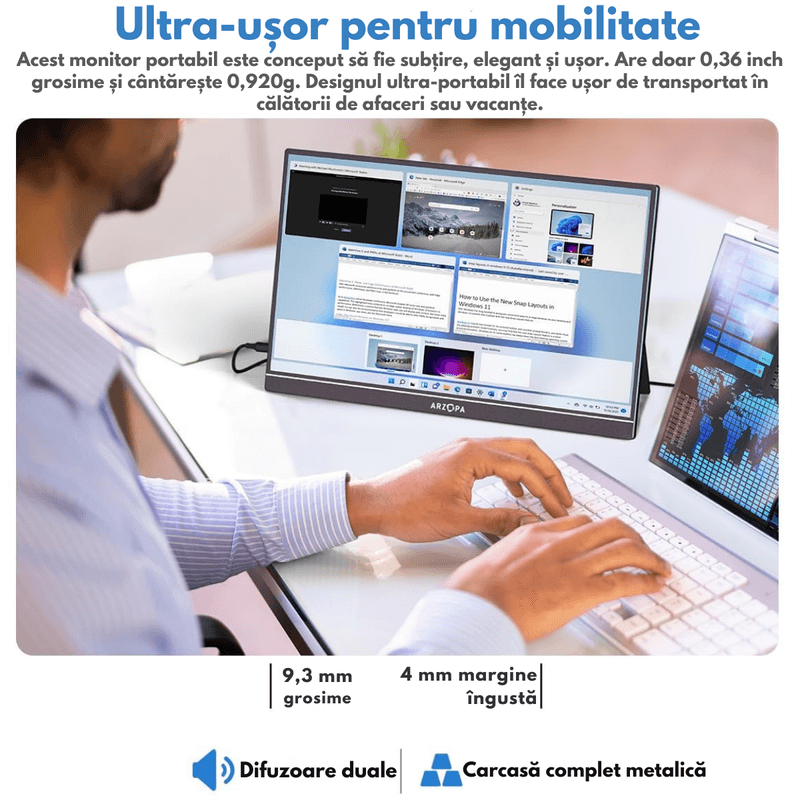 PC, gaming si accesorii - Desktop PC & monitoare - Monitoare - Monitor Portabil Arzopa & Qova® de 17.3" inch - FHD, 100% sRGB, HDR 1920x1080, USB-C & Mini HDMI – Ecran -Subtire, 60Hz - Infinity.ro