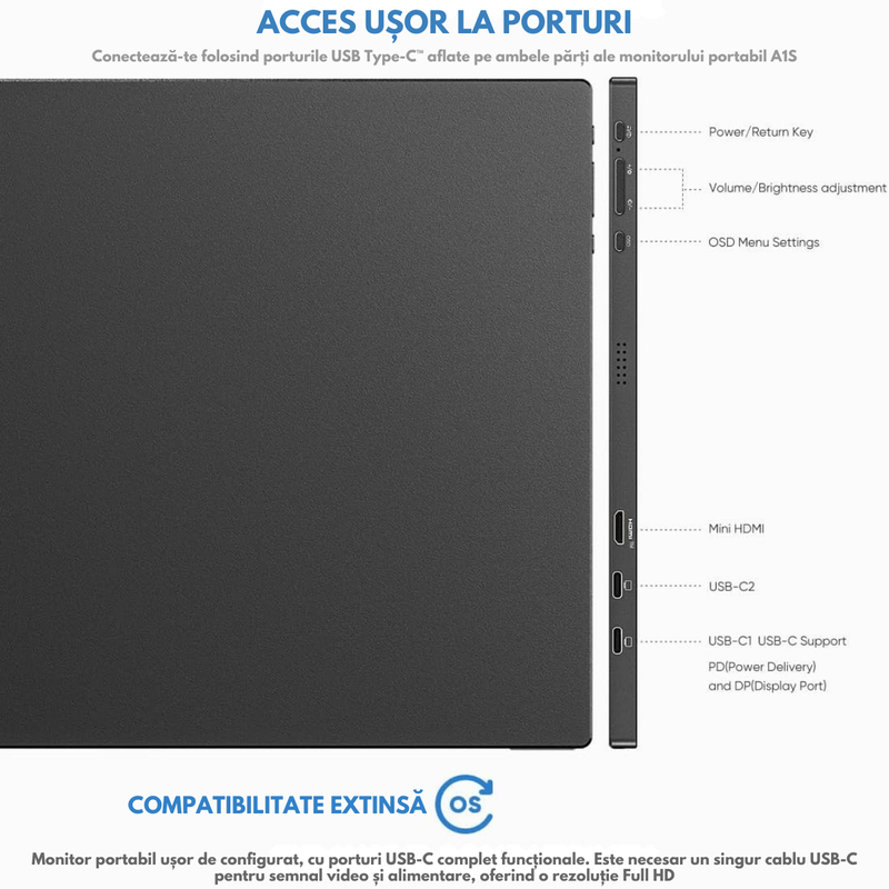 PC, gaming si accesorii - Desktop PC & monitoare - Monitoare - Monitor Portabil Arzopa & Qova® de 17.3" inch - FHD, 100% sRGB, HDR 1920x1080, USB-C & Mini HDMI – Ecran -Subtire, 60Hz - Infinity.ro