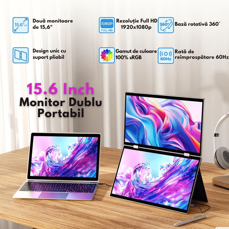 PC, gaming si accesorii - Desktop PC & monitoare - Monitoare - Monitor Dual Pliabil si Portabil de 15.6 inch FHD pentru laptop, Qova®, Extender ecran 1080p, 360° Rotatie, USB-C - Infinity.ro