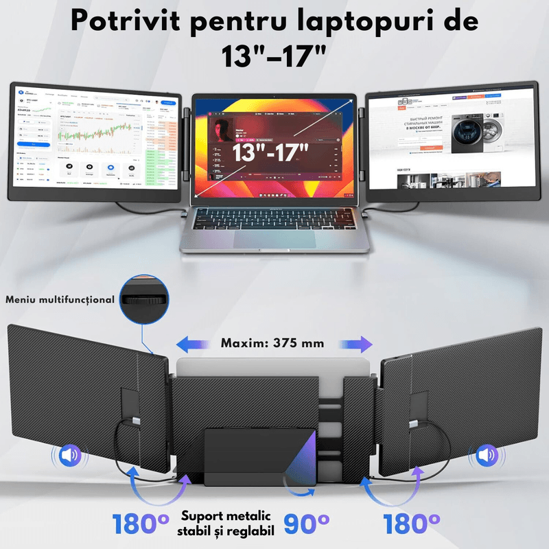 PC, gaming si accesorii - Desktop PC & monitoare - Monitoare - Monitor Extensibil si Portabil pentru laptop, Qova®, Extender ecran 14 inchi FHD 1080P IPS, laptopuri de 13-17 inchi - Infinity.ro