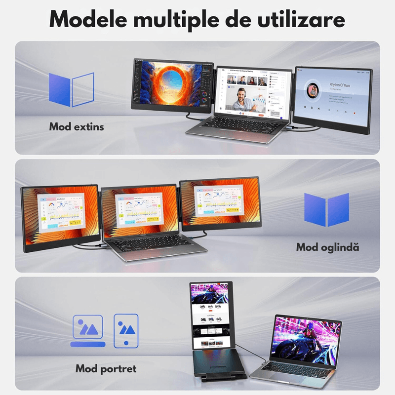 PC, gaming si accesorii - Desktop PC & monitoare - Monitoare - Monitor Extensibil si Portabil pentru laptop, Qova®, Extender ecran 14 inchi FHD 1080P IPS, laptopuri de 13-17 inchi - Infinity.ro