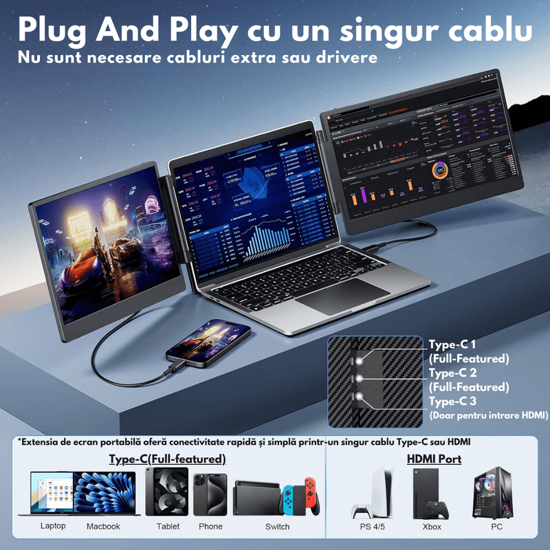 PC, gaming si accesorii - Desktop PC & monitoare - Monitoare - Monitor Extensibil si Portabil pentru laptop, Qova®, Extender ecran 14 inchi FHD 1080P IPS, laptopuri de 13-17 inchi - Infinity.ro