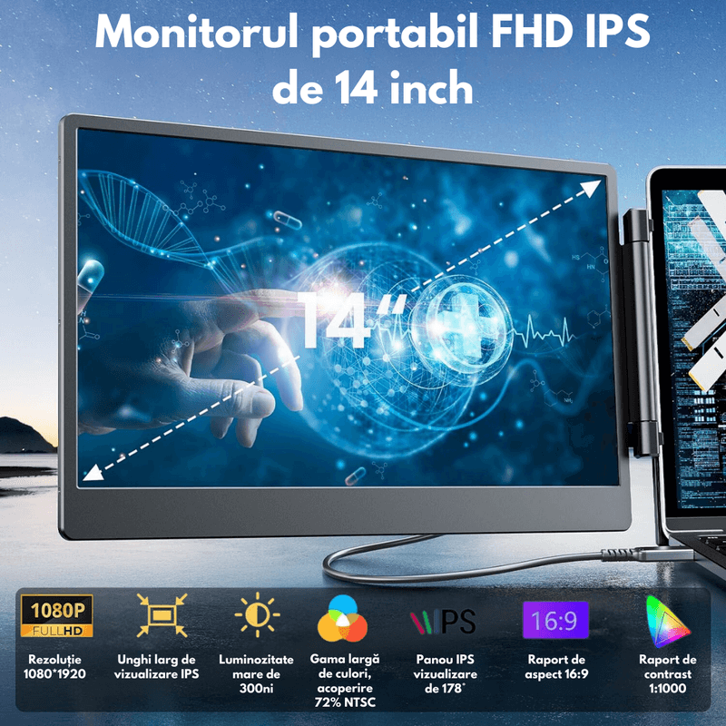 PC, gaming si accesorii - Desktop PC & monitoare - Monitoare - Monitor Extensibil si Portabil pentru laptop, Qova®, Extender ecran 14 inchi FHD 1080P IPS, laptopuri de 13-17 inchi - Infinity.ro