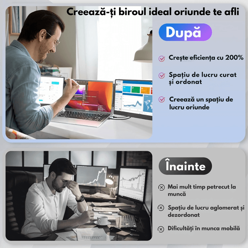 PC, gaming si accesorii - Desktop PC & monitoare - Monitoare - Monitor Extensibil si Portabil pentru laptop, Qova®, Extender ecran 14 inchi FHD 1080P IPS, laptopuri de 13-17 inchi - Infinity.ro