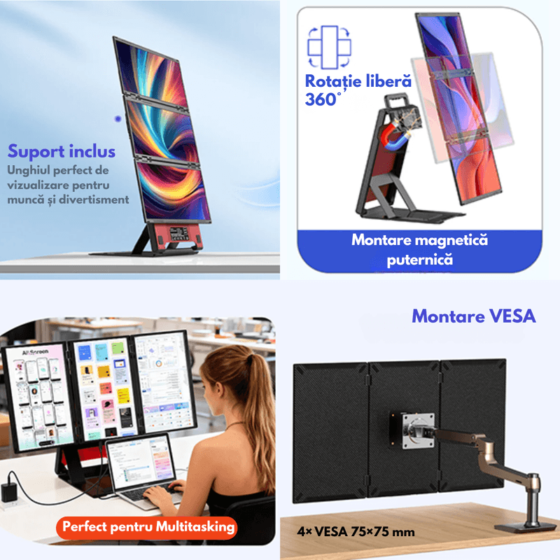PC, gaming si accesorii - Desktop PC & monitoare - Monitoare - Monitor Triplu Extensibil si Portabil pentru laptop, QOVA®, Quad Screen de 3×15,6inch, 3 Ecrane Full HD IPS, 1080P - Infinity.ro
