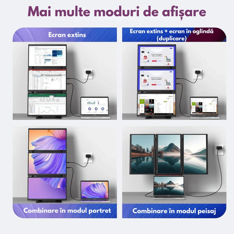 PC, gaming si accesorii - Desktop PC & monitoare - Monitoare - Monitor Triplu Extensibil si Portabil pentru laptop, QOVA®, Quad Screen de 3×15,6inch, 3 Ecrane Full HD IPS, 1080P - Infinity.ro