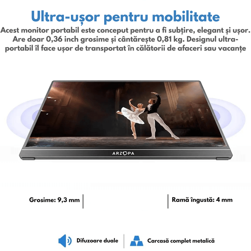 PC, gaming si accesorii - Desktop PC & monitoare - Monitoare - Monitor Portabil Arzopa & Qova® de 16" inch, 2.5K QHD (2560x1600), 123% sRGB, HDR, Ultra-Subtire, 60Hz, USB-C & HDMI - Infinity.ro