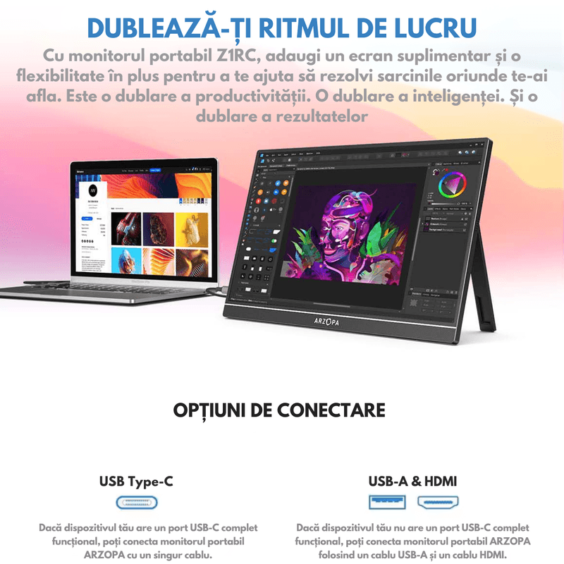 PC, gaming si accesorii - Desktop PC & monitoare - Monitoare - Monitor Portabil Arzopa & Qova® de 16" inch, 2.5K QHD (2560x1600), 123% sRGB, HDR, Ultra-Subtire, 60Hz, USB-C & HDMI - Infinity.ro