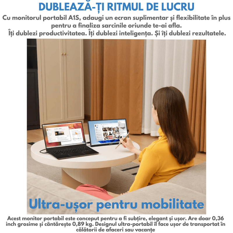 PC, gaming si accesorii - Desktop PC & monitoare - Monitoare - Monitor Portabil Arzopa & Qova® de 14" inch, Full HD 1080p, Ultra-Subtire, 60Hz, USB-C & HDMI, HDR, Compatibil Laptop - Infinity.ro