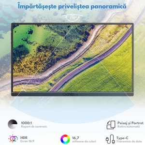 Monitor Portabil Arzopa & Qova® de 14" inch, Full HD 1080p, Ultra-Subtire, 60Hz, USB-C & HDMI, HDR, Compatibil Laptop