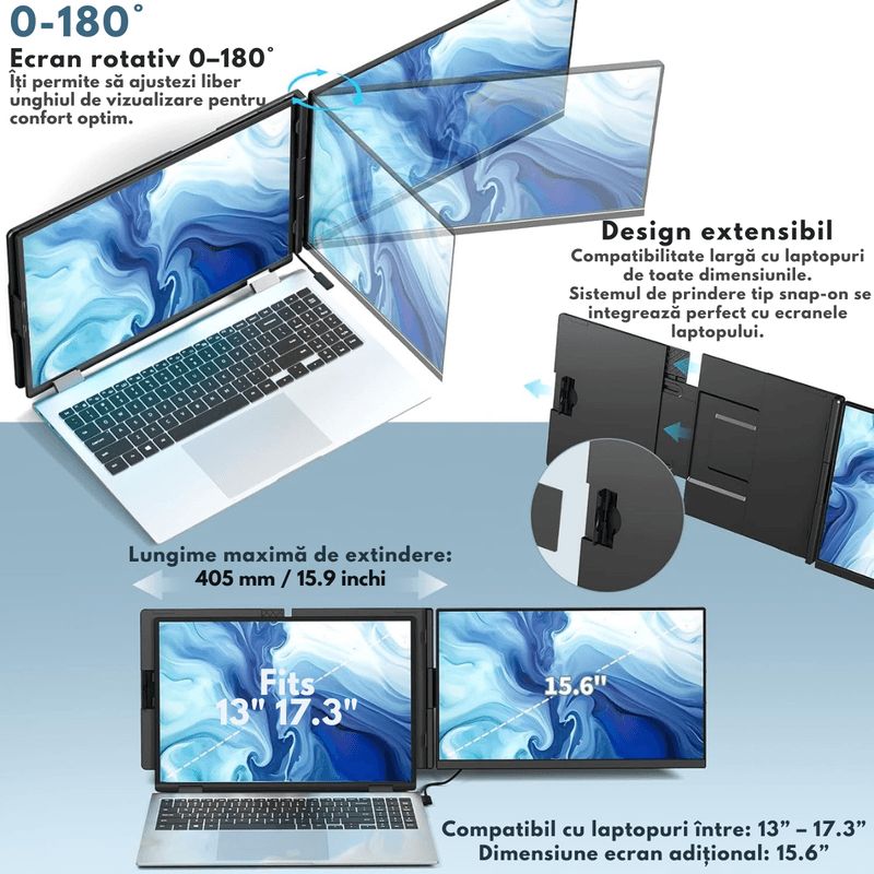 PC, gaming si accesorii - Desktop PC & monitoare - Monitoare - Monitor Extensibil de 15.6 inch Qova®, Afisaj FHD IPS pentru Laptopuri de 13"-17.3", Portabil cu Design Ultra Subtire - Infinity.ro
