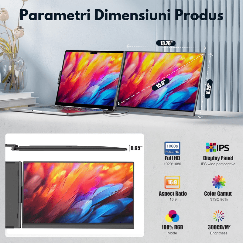 PC, gaming si accesorii - Desktop PC & monitoare - Monitoare - Monitor Extensibil de 15.6 inch Qova®, Afisaj FHD IPS pentru Laptopuri de 13"-17.3", Portabil cu Design Ultra Subtire - Infinity.ro
