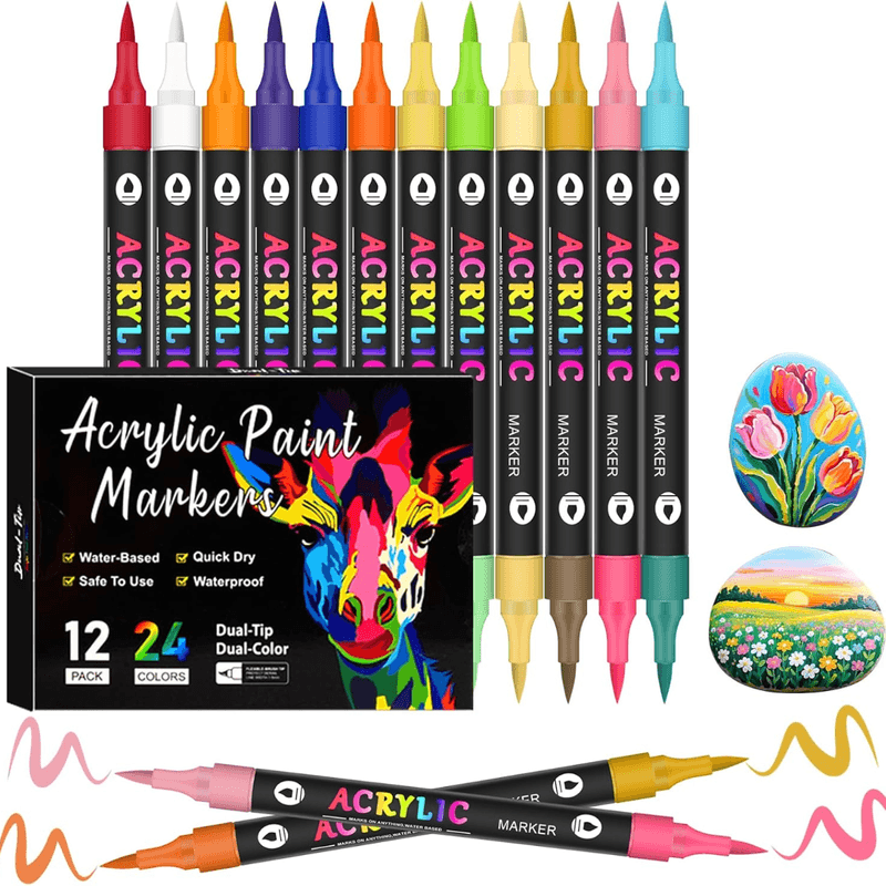 Carti si Birotica - Birotica - Instrumente de scris - Creioane - Set 12 carioci profesionale Acrilice cu Varf dublu, 24 Culori cu cerneala pe baza de apa, QOVA®,multicolore pentru desen - Infinity.ro