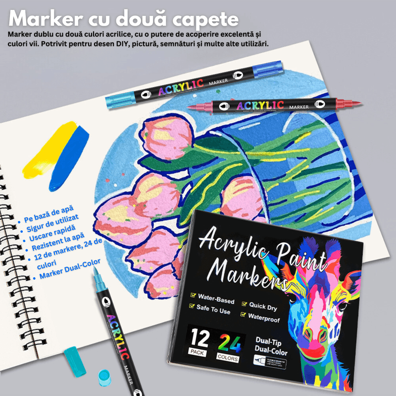 Carti si Birotica - Birotica - Instrumente de scris - Creioane - Set 12 carioci profesionale Acrilice cu Varf dublu, 24 Culori cu cerneala pe baza de apa, QOVA®,multicolore pentru desen - Infinity.ro