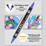Carti si Birotica - Birotica - Instrumente de scris - Creioane - Set 12 carioci profesionale Acrilice cu Varf dublu, 24 Culori cu cerneala pe baza de apa, QOVA®,multicolore pentru desen - Infinity.ro