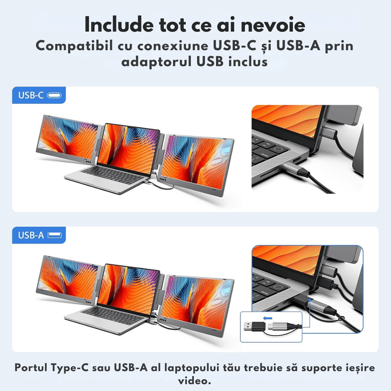 PC, gaming si accesorii - Desktop PC & monitoare - Monitoare - Monitor Extensibil si Portabil pentru laptop, Qova®, ecran 14 inchi FHD 1080P IPS, Pliabil la 360 de Grade, Tri-screen - Infinity.ro