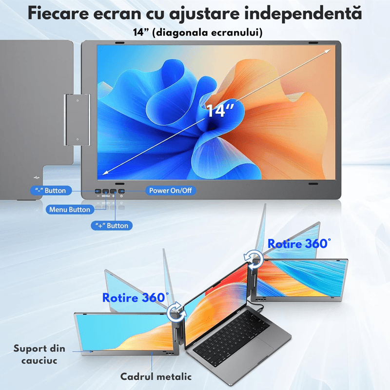 PC, gaming si accesorii - Desktop PC & monitoare - Monitoare - Monitor Extensibil si Portabil pentru laptop, Qova®, ecran 14 inchi FHD 1080P IPS, Pliabil la 360 de Grade, Tri-screen - Infinity.ro