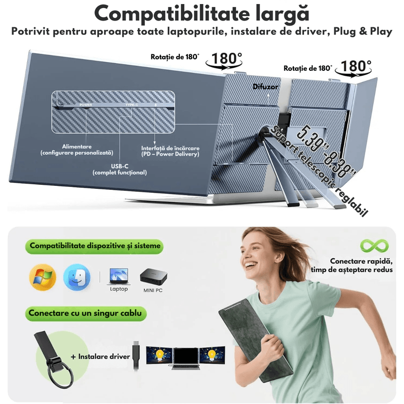 PC, gaming si accesorii - Desktop PC & monitoare - Monitoare - Monitor Extensibil si Portabil pentru laptop, Qova®, Extensie de ecran Duale de 14 inch IPS Full HD, 1920x1080,sRGB 100% - Infinity.ro