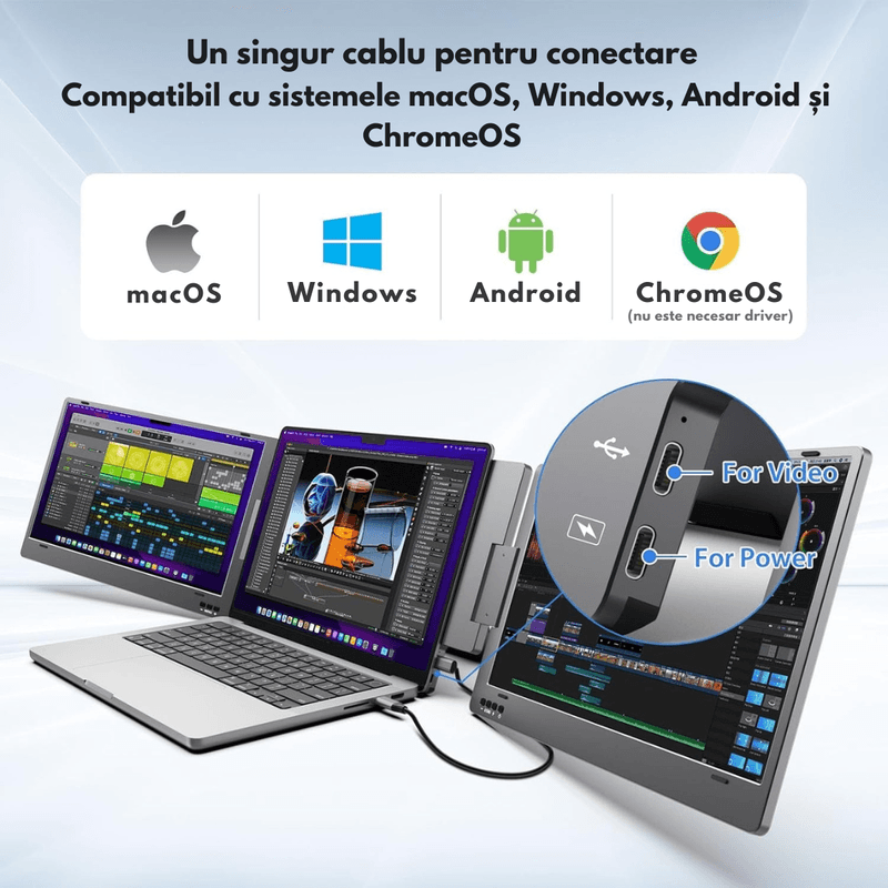 PC, gaming si accesorii - Desktop PC & monitoare - Monitoare - Monitor Extensibil si Portabil pentru laptop, Qova®, ecran 14 inchi FHD 1080P IPS, Pliabil la 360 de Grade, Tri-screen - Infinity.ro