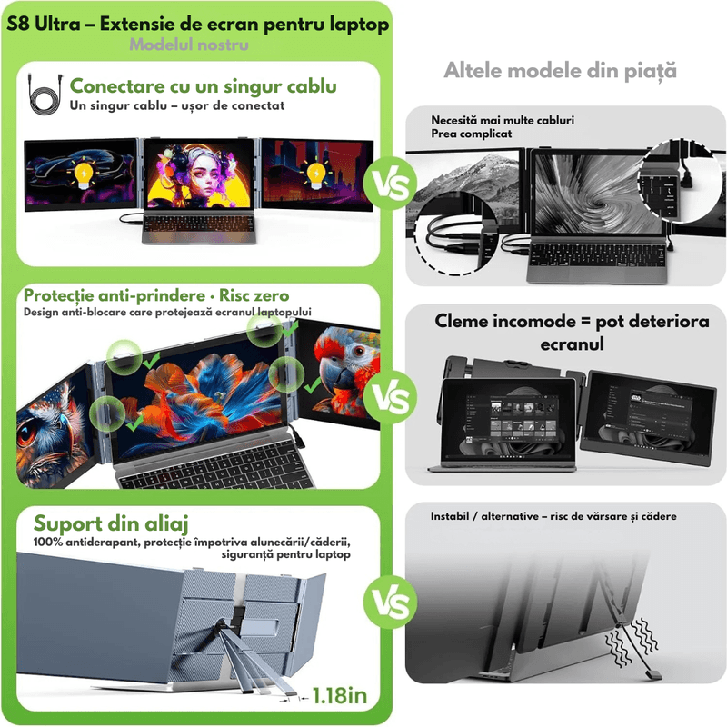 PC, gaming si accesorii - Desktop PC & monitoare - Monitoare - Monitor Extensibil si Portabil pentru laptop, Qova®, Extensie de ecran Duale de 14 inch IPS Full HD, 1920x1080,sRGB 100% - Infinity.ro