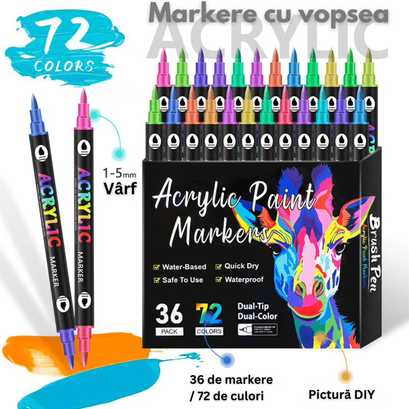 Carti si Birotica - Birotica - Instrumente de scris - Creioane - Set 36 de carioci profesionale Acrilice, 72 Culori cu cerneala pe baza de apa, Qova®,multicolore pentru desen,Varf dublu - Infinity.ro