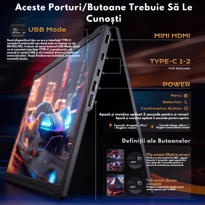 PC, gaming si accesorii - Desktop PC & monitoare - Monitoare - Monitor Pliabil si Portabil Dual 15.6 inch FHD pentru laptop, Qova®, Extender ecran IPS 1080p, 330° Rotatie,USB-C & HDMI - Infinity.ro