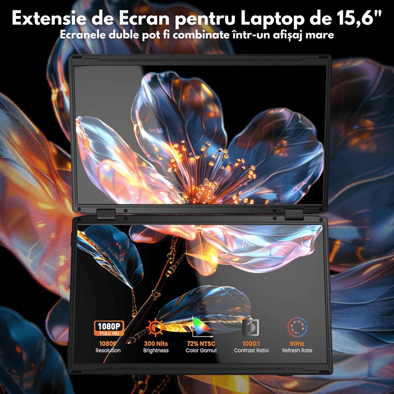 PC, gaming si accesorii - Desktop PC & monitoare - Monitoare - Monitor Pliabil si Portabil Dual 15.6 inch FHD pentru laptop, Qova®, Extender ecran IPS 1080p, 330° Rotatie,USB-C & HDMI - Infinity.ro