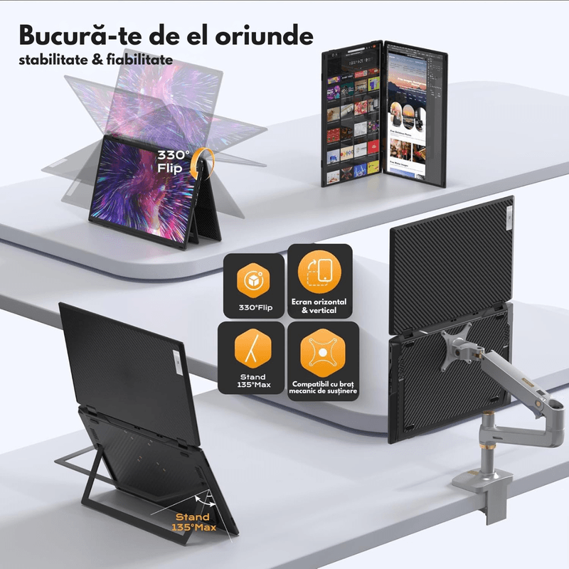 PC, gaming si accesorii - Desktop PC & monitoare - Monitoare - Monitor Pliabil si Portabil Dual 15.6 inch FHD pentru laptop, Qova®, Extender ecran IPS 1080p, 330° Rotatie,USB-C & HDMI - Infinity.ro