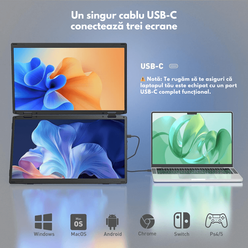 PC, gaming si accesorii - Desktop PC & monitoare - Monitoare - Monitor Pliabil si Portabil Dual 15.6 inch FHD pentru laptop, Qova®, Extender ecran IPS 1080p, 330° Rotatie,USB-C & HDMI - Infinity.ro