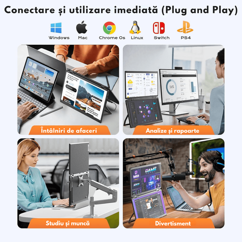 PC, gaming si accesorii - Desktop PC & monitoare - Monitoare - Monitor Pliabil si Portabil Dual 15.6 inch FHD pentru laptop, Qova®, Extender ecran IPS 1080p, 330° Rotatie,USB-C & HDMI - Infinity.ro