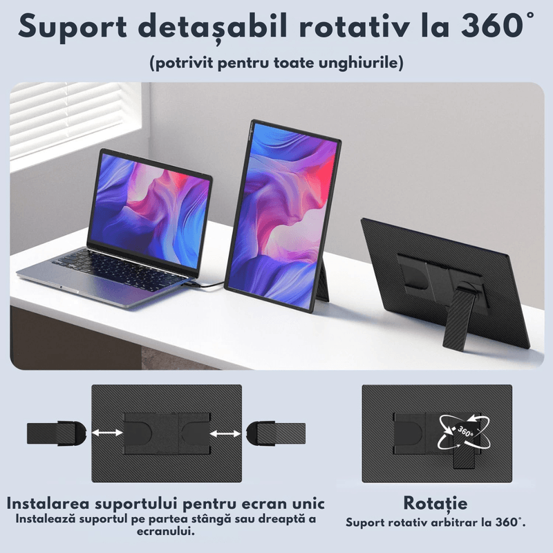 PC, gaming si accesorii - Desktop PC & monitoare - Monitoare - Monitor Portabil Qova® de 16" inch, 1920x1200, USB-C & Mini HDMI, Ultra-Subtire, Ecran mare IPS 16:10,Vertical/Orizontal - Infinity.ro