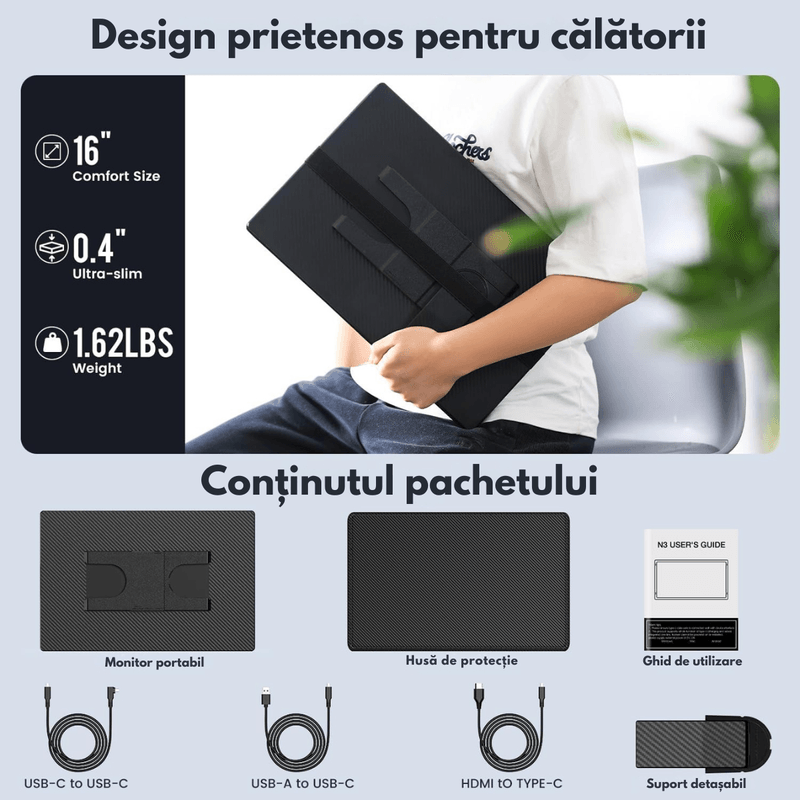 PC, gaming si accesorii - Desktop PC & monitoare - Monitoare - Monitor Portabil Qova® de 16" inch, 1920x1200, USB-C & Mini HDMI, Ultra-Subtire, Ecran mare IPS 16:10,Vertical/Orizontal - Infinity.ro