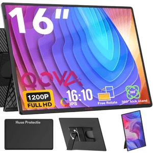 Monitor Portabil Qova® de 16" inch, 1920x1200, USB-C & Mini HDMI, Ultra-Subtire, Ecran mare IPS 16:10,Vertical/Orizontal