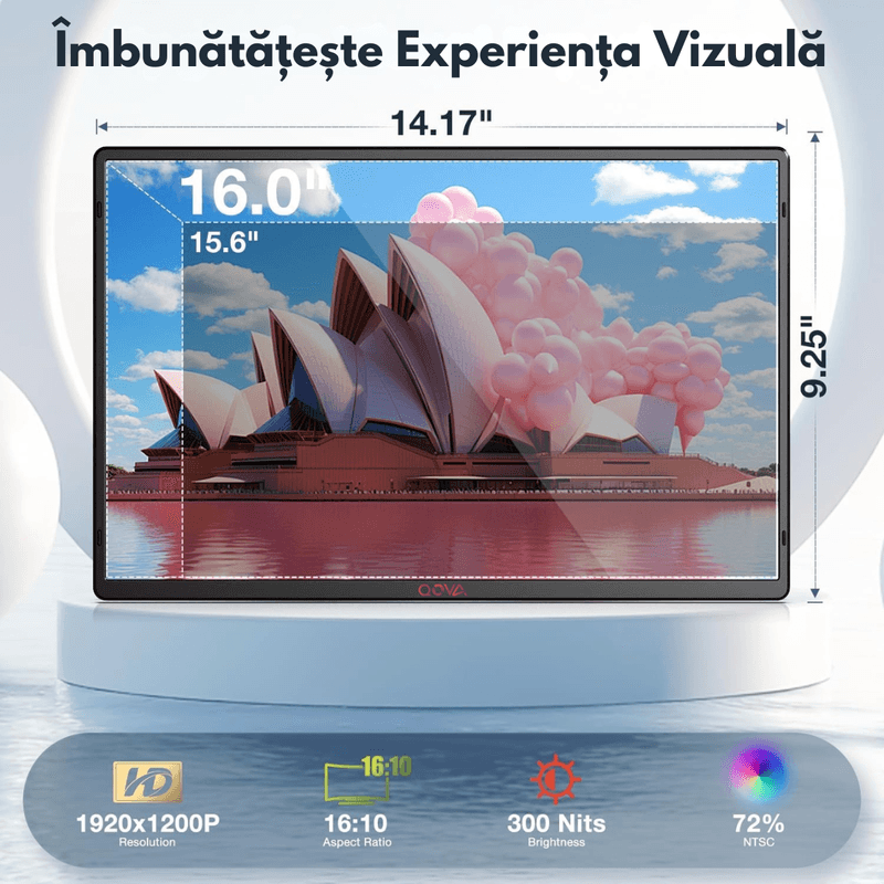 PC, gaming si accesorii - Desktop PC & monitoare - Monitoare - Monitor Portabil Qova® de 16" inch, 1920x1200, USB-C & Mini HDMI, Ultra-Subtire, Ecran mare IPS 16:10,Vertical/Orizontal - Infinity.ro