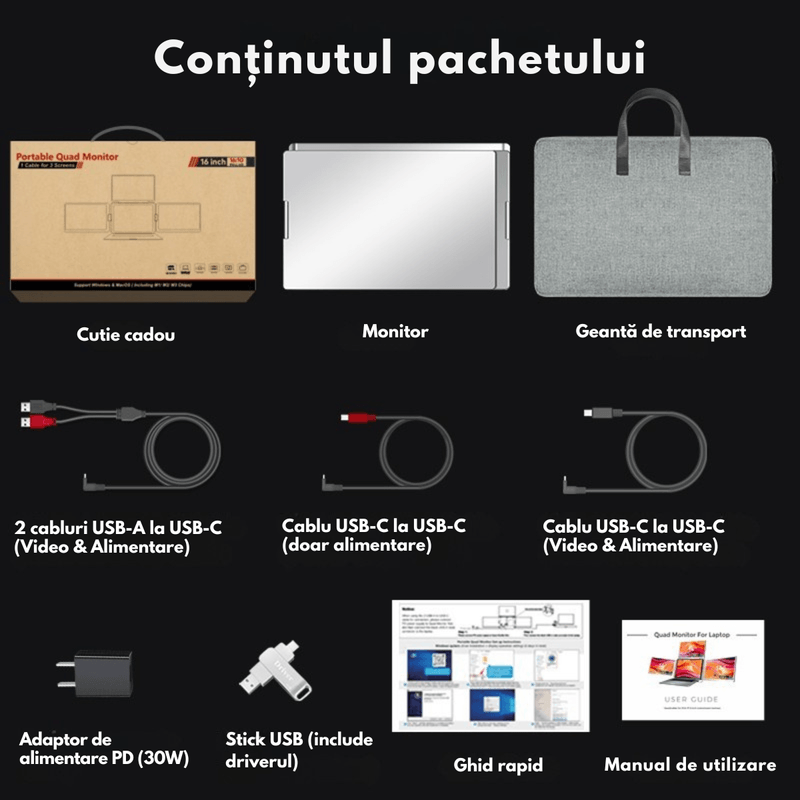 PC, gaming si accesorii - Desktop PC & monitoare - Monitoare - Monitor Triplu Extensibil si Portabil pentru laptop, QOVA®, Quad Screen de 16 inch, 3 Ecrane IPS 16:10 - Full HD 1200p - Infinity.ro