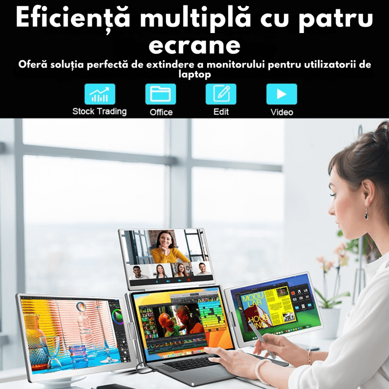 PC, gaming si accesorii - Desktop PC & monitoare - Monitoare - Monitor Triplu Extensibil si Portabil pentru laptop, QOVA®, Quad Screen de 16 inch, 3 Ecrane IPS 16:10 - Full HD 1200p - Infinity.ro