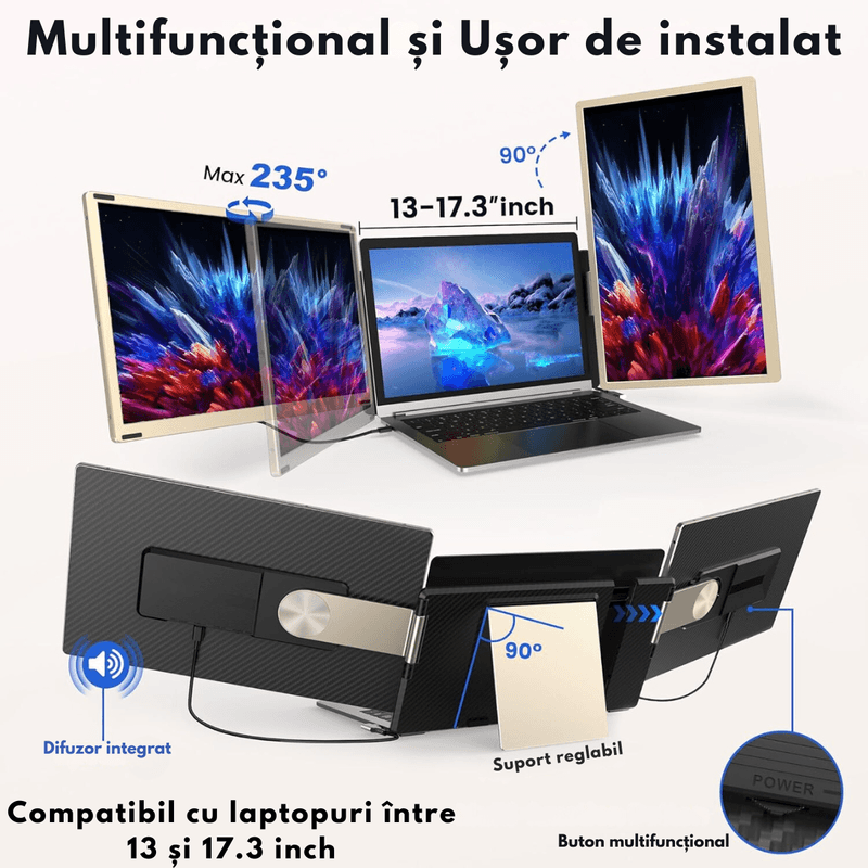 PC, gaming si accesorii - Desktop PC & monitoare - Monitoare - Monitor Extensibil Triplu pentru Laptop de 13"-17.3" Extindere, Qova®, cu Ecran de 15.6" inch, afisaj IPS Full HD 1080P - Infinity.ro