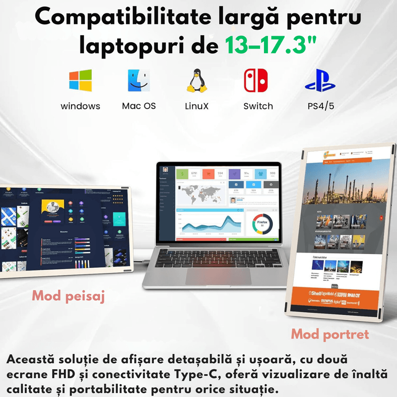PC, gaming si accesorii - Desktop PC & monitoare - Monitoare - Monitor Extensibil Triplu pentru Laptop de 13"-17.3" Extindere, Qova®, cu Ecran de 15.6" inch, afisaj IPS Full HD 1080P - Infinity.ro