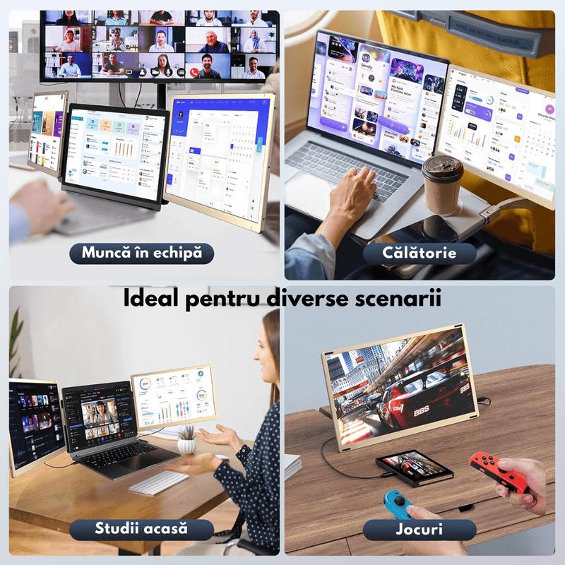 PC, gaming si accesorii - Desktop PC & monitoare - Monitoare - Monitor Extensibil Triplu pentru Laptop de 13"-17.3" Extindere, Qova®, cu Ecran de 15.6" inch, afisaj IPS Full HD 1080P - Infinity.ro